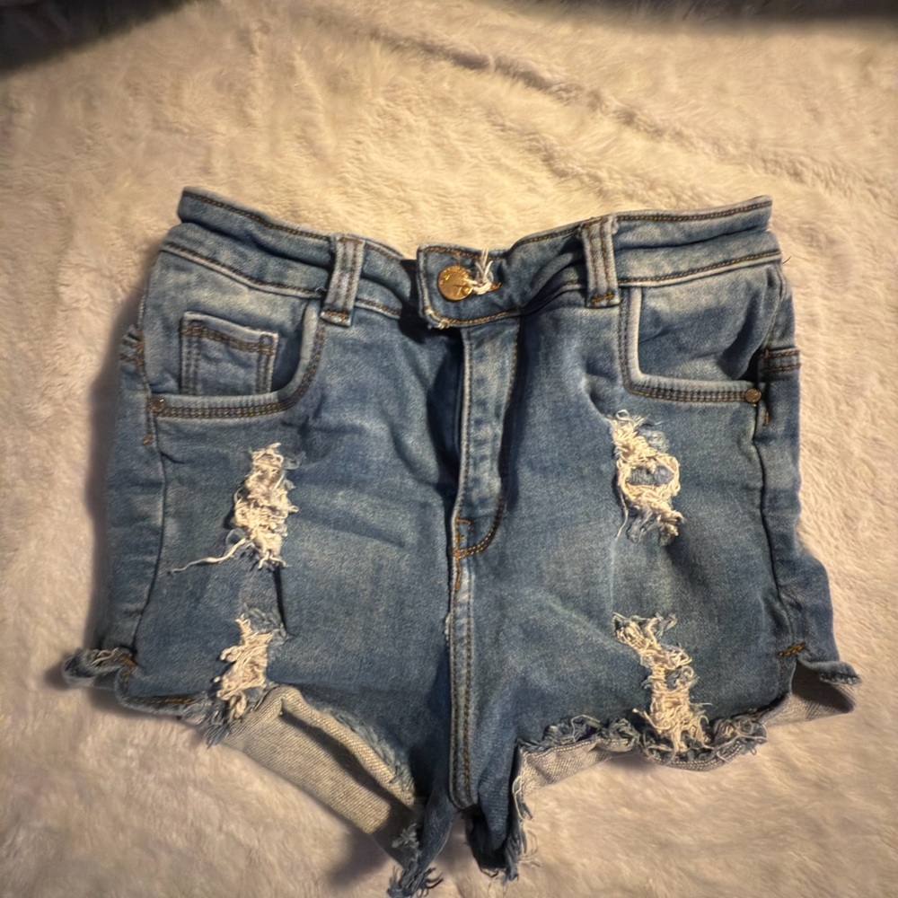 Blue Distressed High-Waisted Jean Shorts